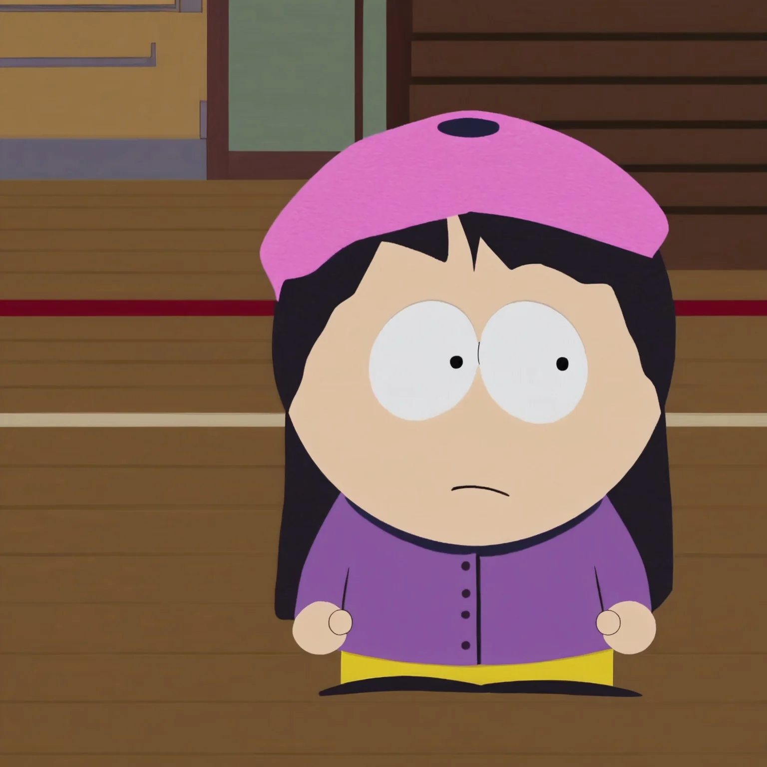 wendy testaburger from south park, 1girl. solo, black dot eyes, long black hair,
light pink beret, light purple jacket with navy blue trim, navy blue gloves, and yellow trousers