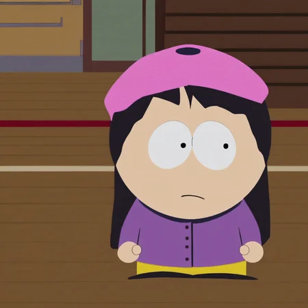 wendy testaburger from south park, 1girl. solo, black dot eyes, long black hair,
light pink beret, light purple jacket with navy blue trim, navy blue gloves, and yellow trousers