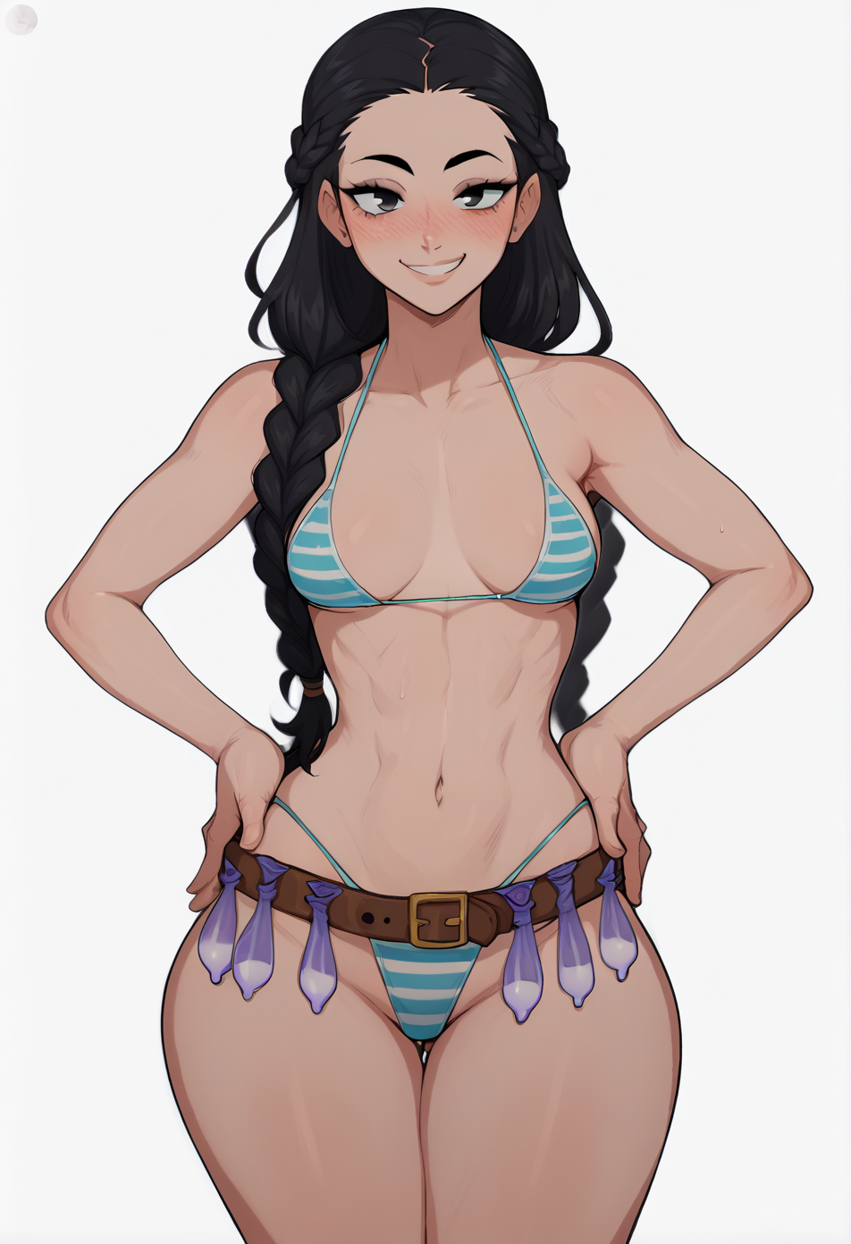 score_9, score_8_up, score_7_up, score_6_up, score_5_up, score_4_up,
1 girl,  view from front,
standing, hands on own hips,
looking at the viewer, smile, blush,
braid, long hair, black hair,
medium breasts, narrow waists, wide hips,
striped bikini, string bikini,
condom belt,
white background, simple background,
<lora:Concept_XL_Pony_Condom_Belt:1>  <lora:AfrobullLycoXL:0.7>
