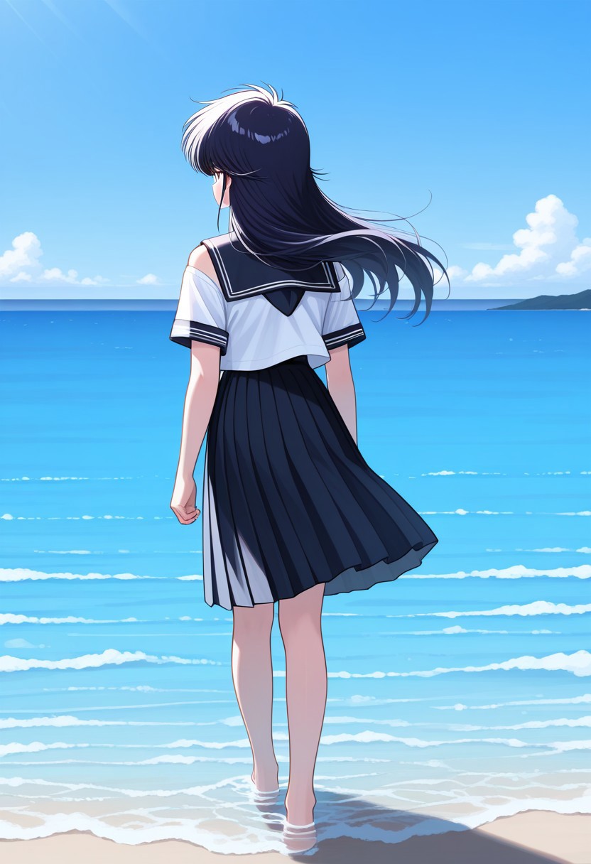 masterpiece, best quality, 32k, high resolution, absurdres, ayukawa madoka, bare shoulders, full body, serafuku, blue sky, white shirt, sailor collar, ocean, water, short sleeves