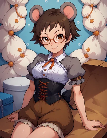score_9,score_8_up,score_7_up,1girl,solo,sitting on box,smile,looking at viewer,arms at sides,(patterned background:0.7),
<lora:kitagawamahiro_ponyXLV6:0.8>,cgkmh,brown hair,short hair,brown eyes,glasses,
grey mouse ears,puffy short sleeves,corset,puffy shorts