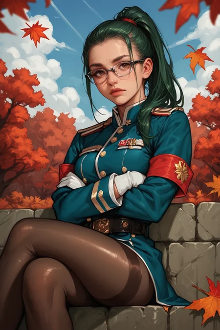 1girl, green hair, solo, pantyhose, crossed arms, gloves, crossed legs, white gloves, glasses, looking at viewer, ponytail, sitting, armband, sky, belt, brown eyes, outdoors, uniform, blue sky, long sleeves, leaf, closed mouth, cloud, military uniform, day, jacket, autumn leaves, brown pantyhose, blue jacket, high ponytail, red armband, breasts, zPDXL3, detailxl, Score_PnyReal