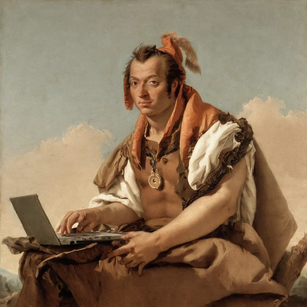 Painting of realistic detailed man with a laptop by Tiepolo AH_Tiepolo <lora:Paintings_by_Giovanni_Battista_Tiepolo_-_ventian_Rococo_painter:1>