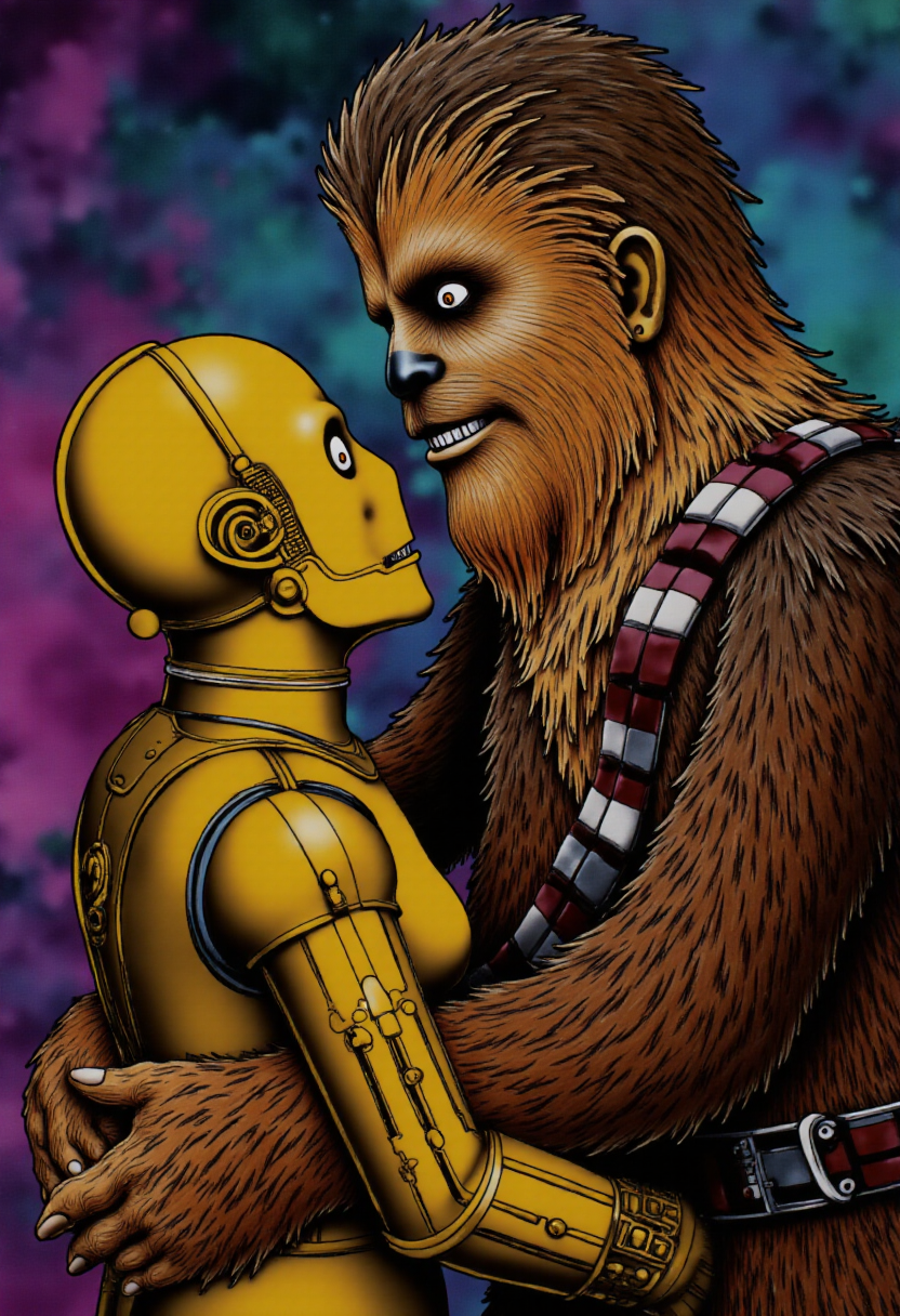 <lora:kft-montys-submarine-style:0.9>
The image is a vibrant, highly detailed kftcc style digital artwork featuring     Chewbacca making out with C3PO