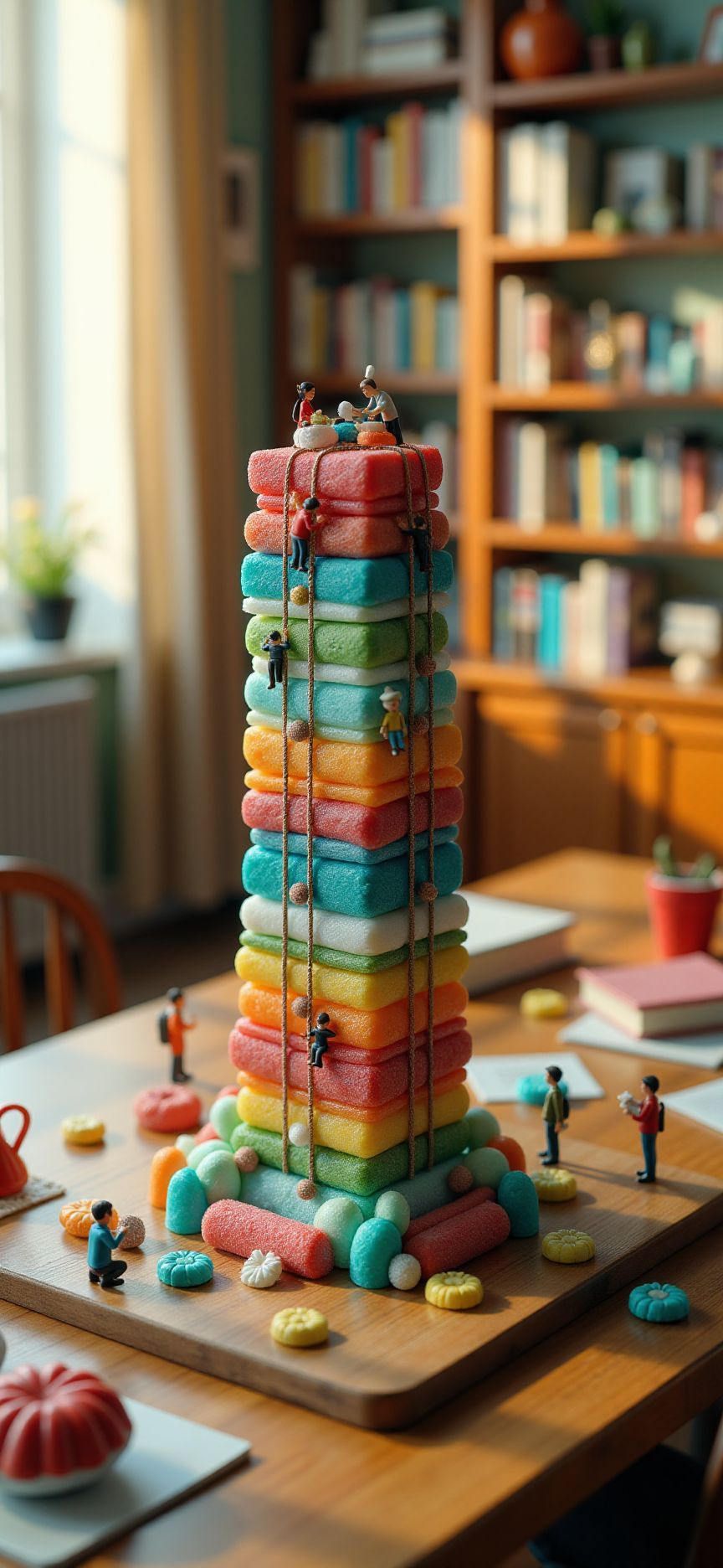 (indoors,indoor,isometric view,side view,tilt-shift lens:2), (fna_style,miniature,miniature,diorama,miniature,diorama,PVC,plastic:2),sunset,winter giant (randomly multi stack up,multi layer of candy cubic vertical:2.5)  is located center, people are climbing with ropes, (in wooden square plate:3) (on table at study:3) <lora:Fantasy_Novel_Art_Style:1> <lora:Rostpunk:0.3>