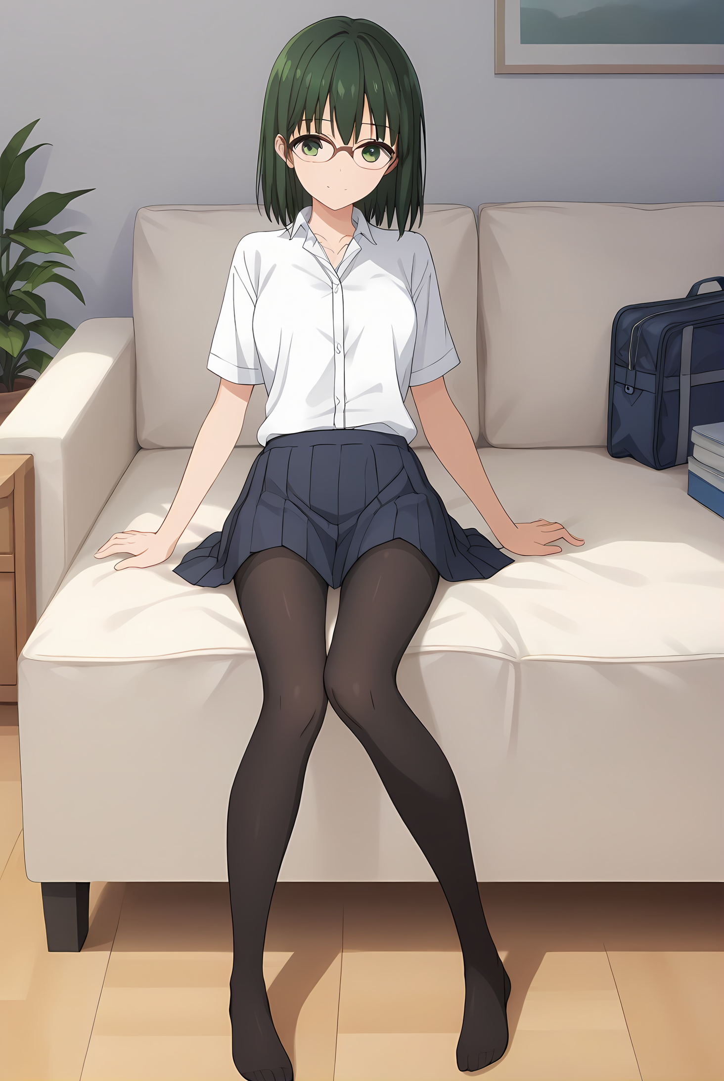 (school uniform skirt white shirt black pantyhose uwabaki), hm-sakura, green hair, green eyes, [glasses, medium hair], medium breasts, 1girl, solo, skinny, score_9, score_8_up, score_8, score_7_up, score_7, score_6_up, score_6, score_5_up, score_5, source_anime, light smile, living room, (1.3::full body|sitting|standing|lying|straight-on|0.6::close-up| :1.20), feet, <lora:hm-sakura-V01-000003:0.70>