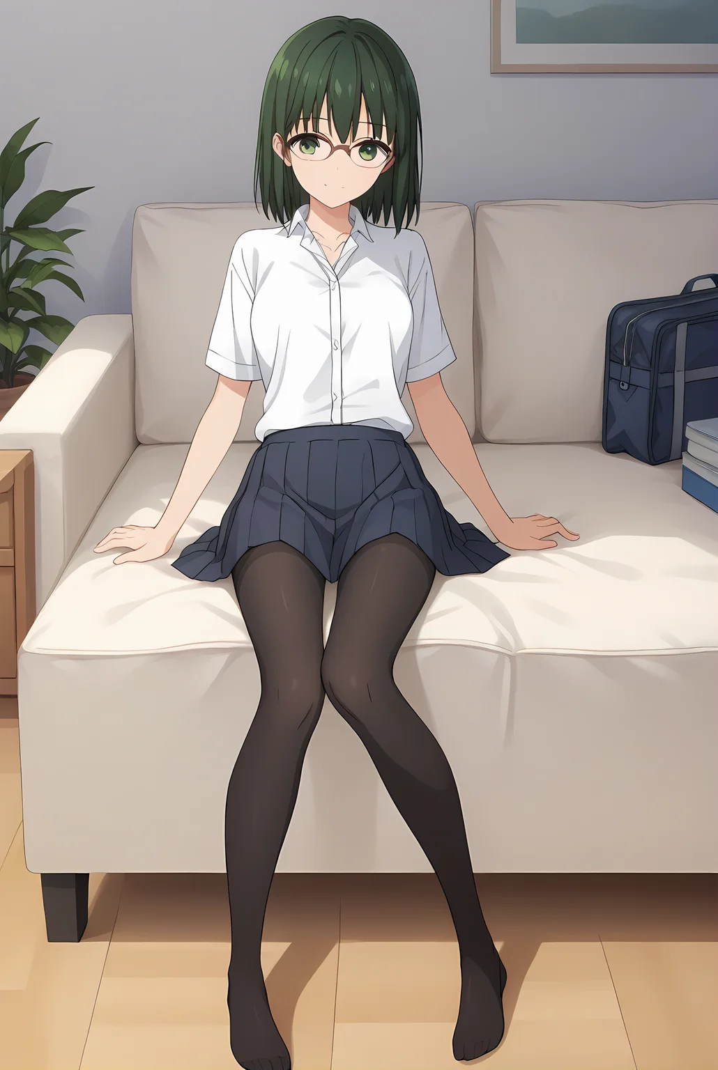 (school uniform skirt white shirt black pantyhose uwabaki), hm-sakura, green hair, green eyes, [glasses, medium hair], medium breasts, 1girl, solo, skinny, score_9, score_8_up, score_8, score_7_up, score_7, score_6_up, score_6, score_5_up, score_5, source_anime, light smile, living room, (1.3::full body|sitting|standing|lying|straight-on|0.6::close-up| :1.20), feet, <lora:hm-sakura-V01-000003:0.70>