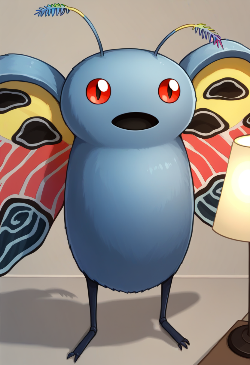 score_9, score_8_up, score_7_up, source_anime BREAK solo, pokemon \(creature\),  <lora:Mothman-pdxl_Fp:1>, mothman, red eyes, open mouth, antennae, lamp, wings