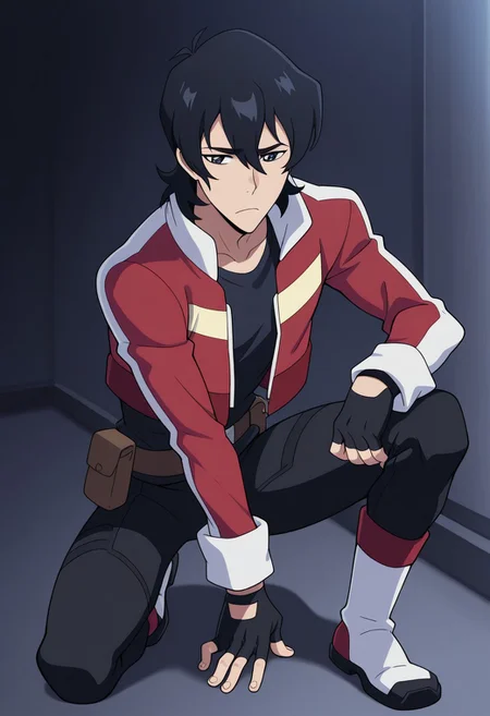 masterpiece,best quality,amazing quality, source_anime,
keithvld, 1boy, male focus, solo, black eyes, black hair, shirt, black shirt, jacket, cropped jacket, multicolored jacket, red and white jacket, white collar, popped collar, open jacket, long sleeves, gloves, black gloves, fingerless gloves, belt, belt pouch, pants, black pants, boots, on one knee,