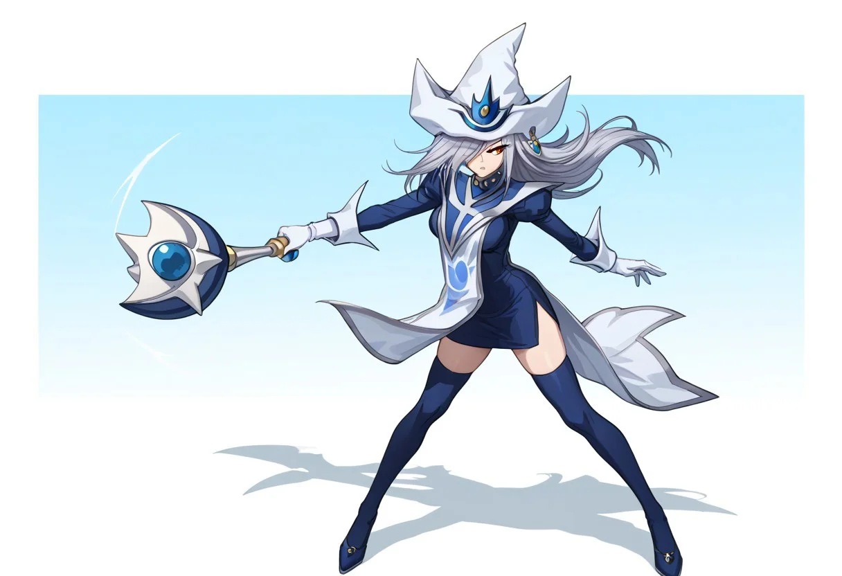 score_9, score_8_up, score_7_up, source_anime, good anatomy, 1girl, solo, SilentMagicianOG, long hair, silver hair, swept bang, red eyes, medium breasts, SiMaClassic, white and blue tabard with silver trim, short dress, blue skirt, pencil skirt, blue dress, white gloves, puffy sleeves, white and blue hat, wizard hat, metal choker, side slit, blue thighhighs, blue shoes, standing, spread legs, fluttering tabard, fluttering dress, gold and blue stick, holding stick, holding, holding gold and blue stick, fighting stance, glaring, hair over one eye