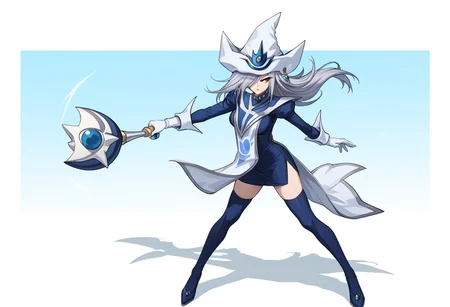 score_9, score_8_up, score_7_up, source_anime, good anatomy, 1girl, solo, SilentMagicianOG, long hair, silver hair, swept bang, red eyes, medium breasts, SiMaClassic, white and blue tabard with silver trim, short dress, blue skirt, pencil skirt, blue dress, white gloves, puffy sleeves, white and blue hat, wizard hat, metal choker, side slit, blue thighhighs, blue shoes, standing, spread legs, fluttering tabard, fluttering dress, gold and blue stick, holding stick, holding, holding gold and blue stick, fighting stance, glaring, hair over one eye