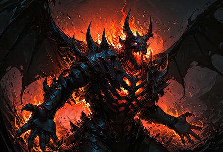 concept art masterpiece, best quality, Good quality, very aesthetic, absurdres, solo, Cinematic Lighting, gradient color, gorgeous masterpiece, amazing quality, best quality,
<lora:sf:0.8> zxceblan, solo, fire, wings, horns, monster, teeth, demon, 1boy, claws, no humans, armor, open mouth, male focus, spikes, sharp teeth, glowing<lora:illustrious_h_v2:0.8> <lora:illustriousXL_stabilizer_v1.23:1> <lora:96YOTTEA-WAI:0.6> <lora:748cmSDXL:0.7> 748cmstyle <lora:DarkerThanBlackIllustrious:0.8> . digital artwork, illustrative, painterly, matte painting, highly detailed