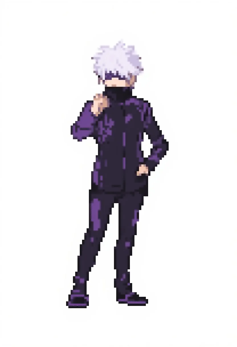 Vector art, uhd, 8k, 4k, epic, dramatic, 4k quality, (Perfect hand:1.4), (masterpiece), white background,
1male, gojo, young man, solo, pale skin, (black shoes), black blindfold, (covered eyes), shoes, pants, black footwear, purple jacket, high collar jacket, zipped jacket, sparkle, black pants, white hair, messy hair,
Gojo as a pokemon pixel art trainer battle sprite. He stands with a slight smile on his face. One hand is in his pocket the other is infront of his body performing a domain expansion. His fingers crossed.
