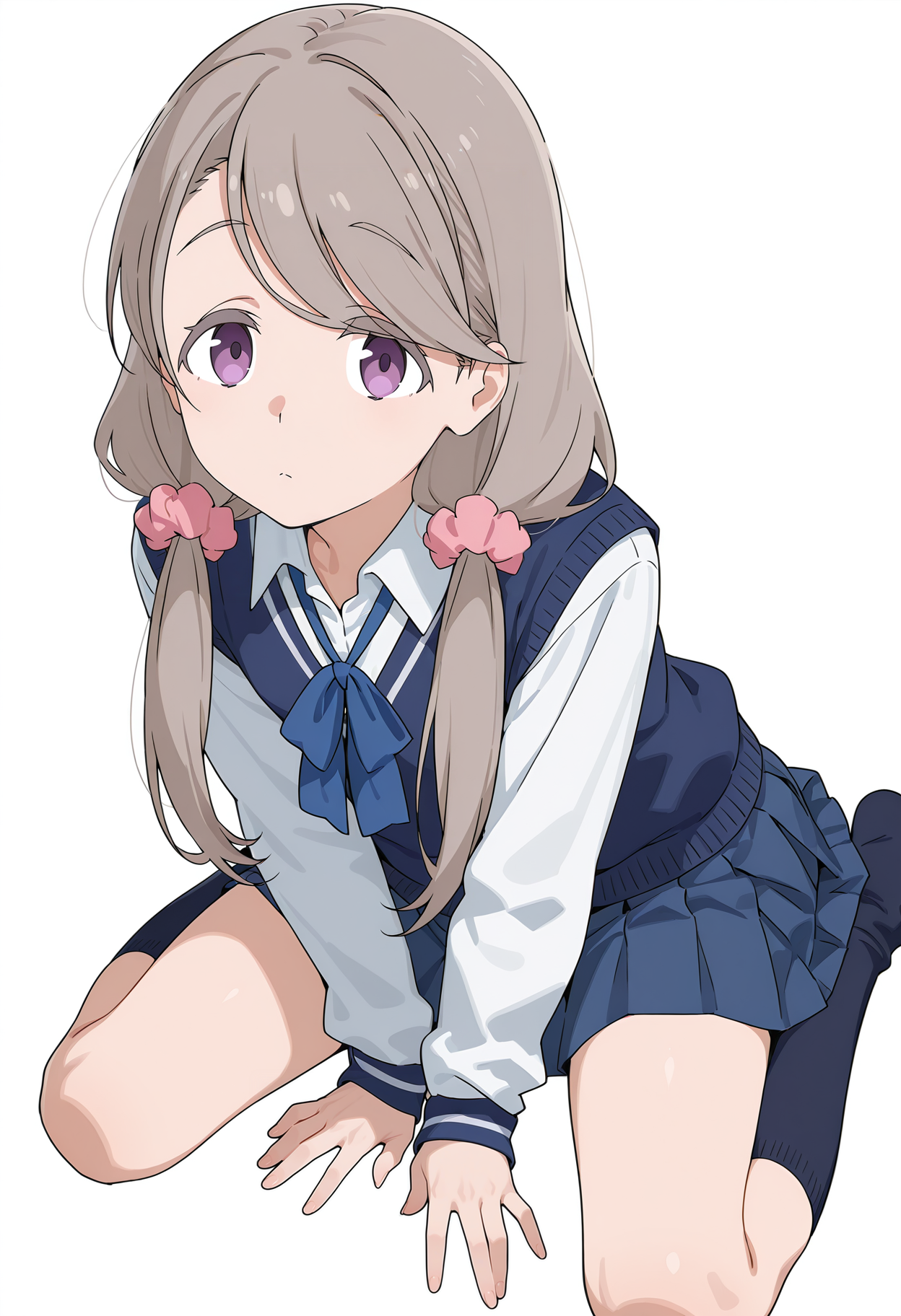 <lora:Shikishima Sakurako_Illustrious-000010:1>,
Shikishima Sakurako,1girl,solo,hair scrunchie,skirt,pink scrunchie,pleated skirt,blue skirt,socks,shirt,white shirt,kneehighs,long sleeves,blue sweater vest,simple_background,white_background,sitting,wariza,looking_at_viewer