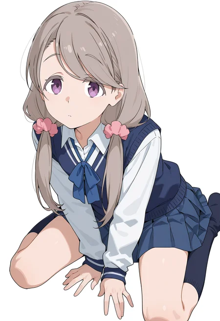 <lora:Shikishima Sakurako_Illustrious-000010:1>,
Shikishima Sakurako,1girl,solo,hair scrunchie,skirt,pink scrunchie,pleated skirt,blue skirt,socks,shirt,white shirt,kneehighs,long sleeves,blue sweater vest,simple_background,white_background,sitting,wariza,looking_at_viewer
