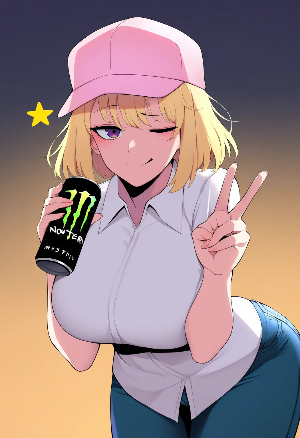 1girl, chahaein, blonde hair, purple eyes, short hair,
pink cap, white collared shirt, jeans, large breasts,
 smug, one eye closed, wink star, holding can, monster energy, v,
simple background, gradient background,
best quality, amazing quality, very aesthetic, absurdres, <lora:ChaHaeinNoobXL_byKonan:1>