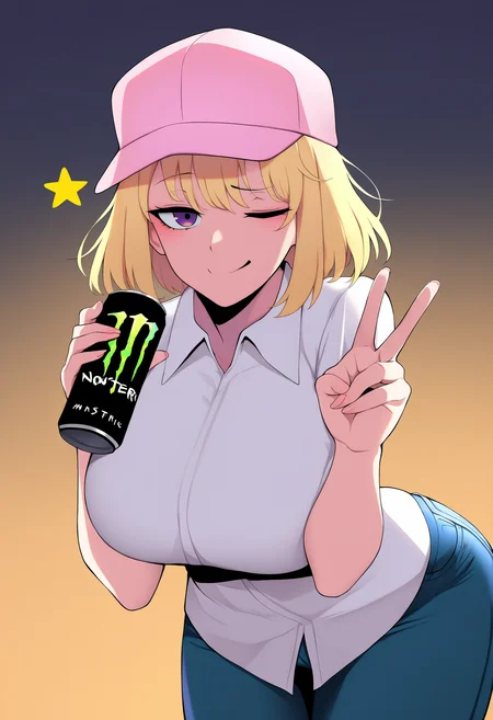 1girl, chahaein, blonde hair, purple eyes, short hair,
pink cap, white collared shirt, jeans, large breasts,
 smug, one eye closed, wink star, holding can, monster energy, v,
simple background, gradient background,
best quality, amazing quality, very aesthetic, absurdres, <lora:ChaHaeinNoobXL_byKonan:1>