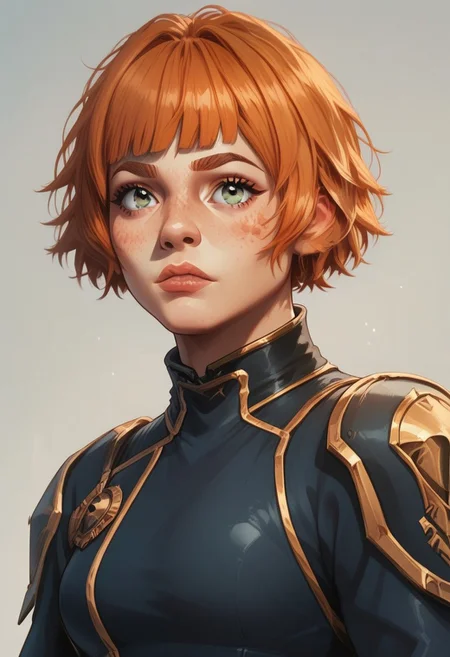 female focus, solo focus, solo, score_9, score_8_up, score_7_up, NolanUpdateV1.5enforceroutfit, 1 girl, female Focus, orange hair, short hair, uniform, bangs, freckles,