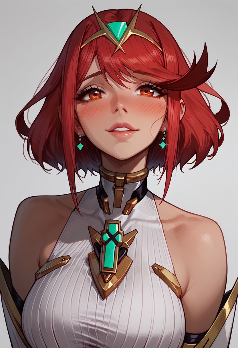 score_9, score_8_up, score_8. score_9, score_8_up, score_7_up, score_6_up, masterpiece, 4k, high quality, (best quality:1.1), ExpressiveH
1girl, pyra \(xenoblade\), 1girl, red hair, short hair, swept bangs, bob cut, red eyes, tiara, earrings,  large breasts, blushing, looking at viewer, smiling, g0dd3ss, white dress
green background