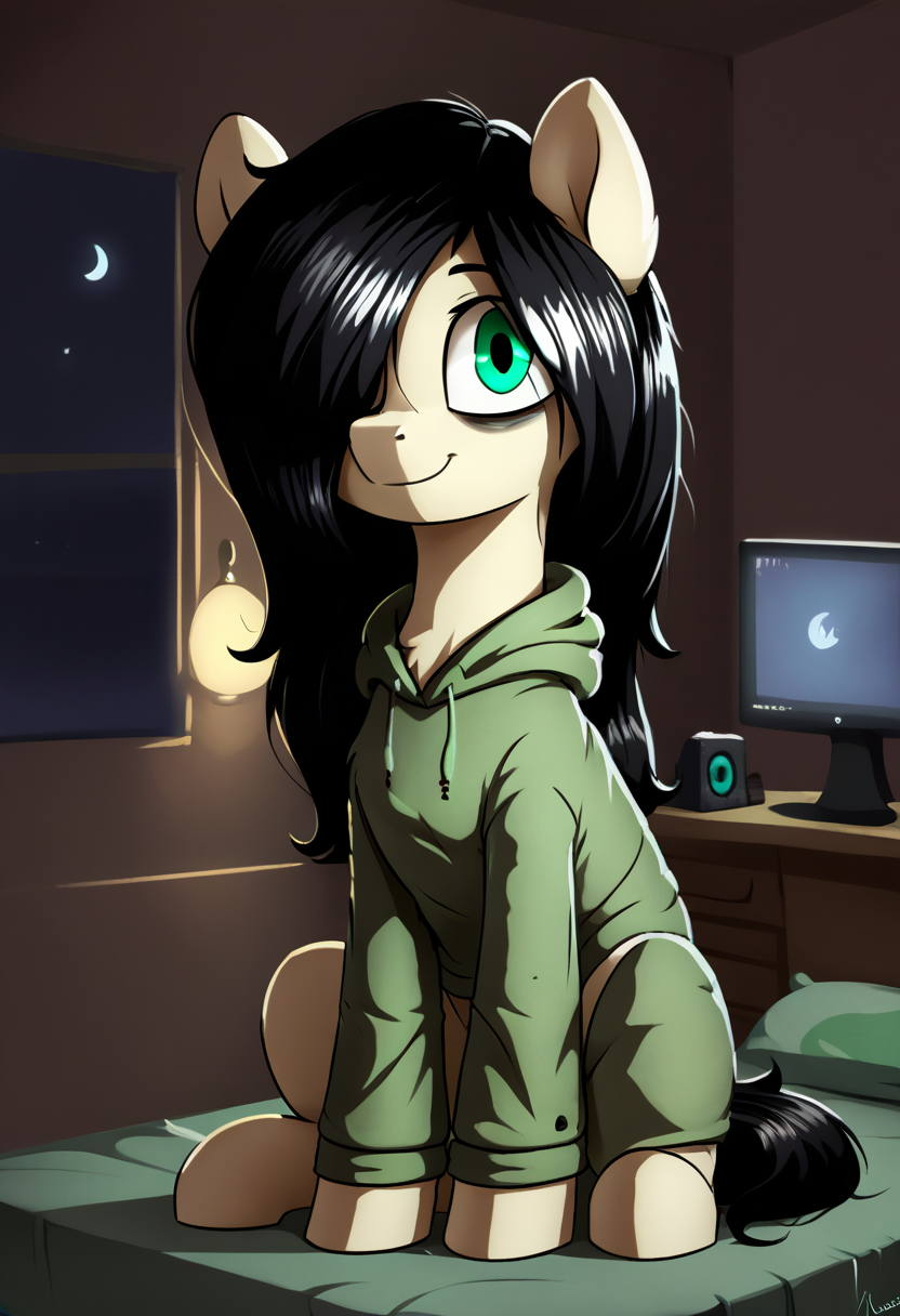 score_9, score_8_up, score_8,   <lora:Floor_Bored_MLP_OC_for_PonyXL:0.8> mare, 1girl, fl00rb0red, pony, long hair, green eyes, black hair, hoodie, hair over one eye, bags under eyes, solo, bedroom, desktop, monitor, night, dark, smile