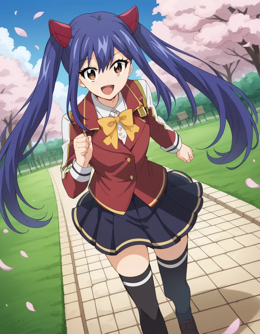 score_9, score_8_up, score_7_up, source_anime, <lora:wendy-marvell-100yq-ponyxl-lora-nochekaiser:1>, wendy marvell, long hair, hair ornament, ribbon, hair between eyes, twintails, brown eyes, very long hair, blue hair,, skirt, thighhighs, bow, ribbon, pleated skirt, black thighhighs, bowtie, black skirt, zettai ryouiki, yellow bow, yellow ribbon, park, cherry blossoms, bench, gentle breeze, peaceful, running, open mouth,, smile, , smile, solo,, dutch angle,