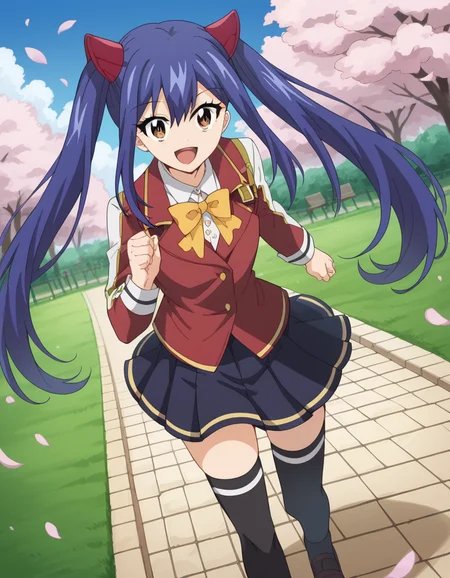 score_9, score_8_up, score_7_up, source_anime, <lora:wendy-marvell-100yq-ponyxl-lora-nochekaiser:1>, wendy marvell, long hair, hair ornament, ribbon, hair between eyes, twintails, brown eyes, very long hair, blue hair,, skirt, thighhighs, bow, ribbon, pleated skirt, black thighhighs, bowtie, black skirt, zettai ryouiki, yellow bow, yellow ribbon, park, cherry blossoms, bench, gentle breeze, peaceful, running, open mouth,, smile, , smile, solo,, dutch angle,