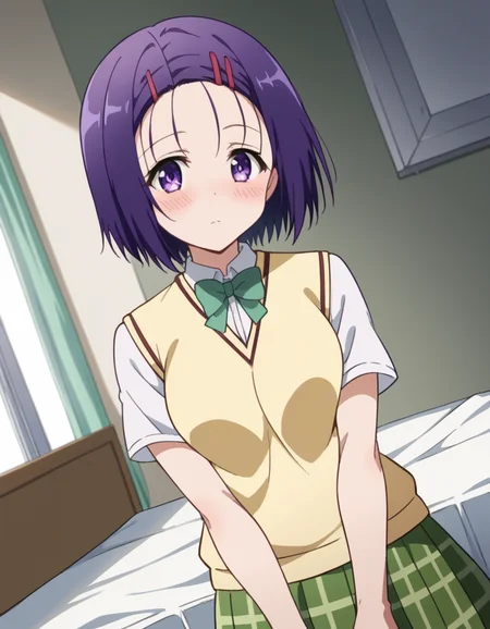 score_9, score_8_up, score_7_up, source_anime,
harunasairenji, <lora:haruna-sairenji-darkness-ponyxl-lora-nochekaiser:1>,
haruna sairenji, hair ornament, hairclip, purple eyes, purple hair, short hair, swept bangs, forehead,
green skirt, plaid, plaid skirt, sainan high school uniform, school uniform, skirt, sweater vest, yellow sweater, short sleeves,
indoors, bed, bed room, on side, blush, drunk,
looking at viewer, cowboy shot, dutch angle, solo,