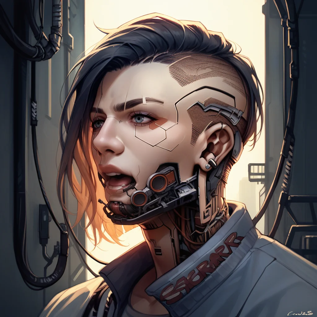 score_9,score_8_up,score_7_up,score_6_up,source_anime,rating_safe, close up, 1boy, undercut, cool dude, solo, <lora:CyberWare:0.8>cyb3rwar3, cyberpunk, cybernetic face lines, exposed mechanics throat, cable, cables in head, garage, neon, body horror, zPDXL2,