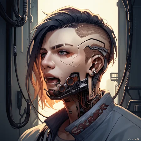 score_9,score_8_up,score_7_up,score_6_up,source_anime,rating_safe, close up, 1boy, undercut, cool dude, solo, <lora:CyberWare:0.8>cyb3rwar3, cyberpunk, cybernetic face lines, exposed mechanics throat, cable, cables in head, garage, neon, body horror, zPDXL2,