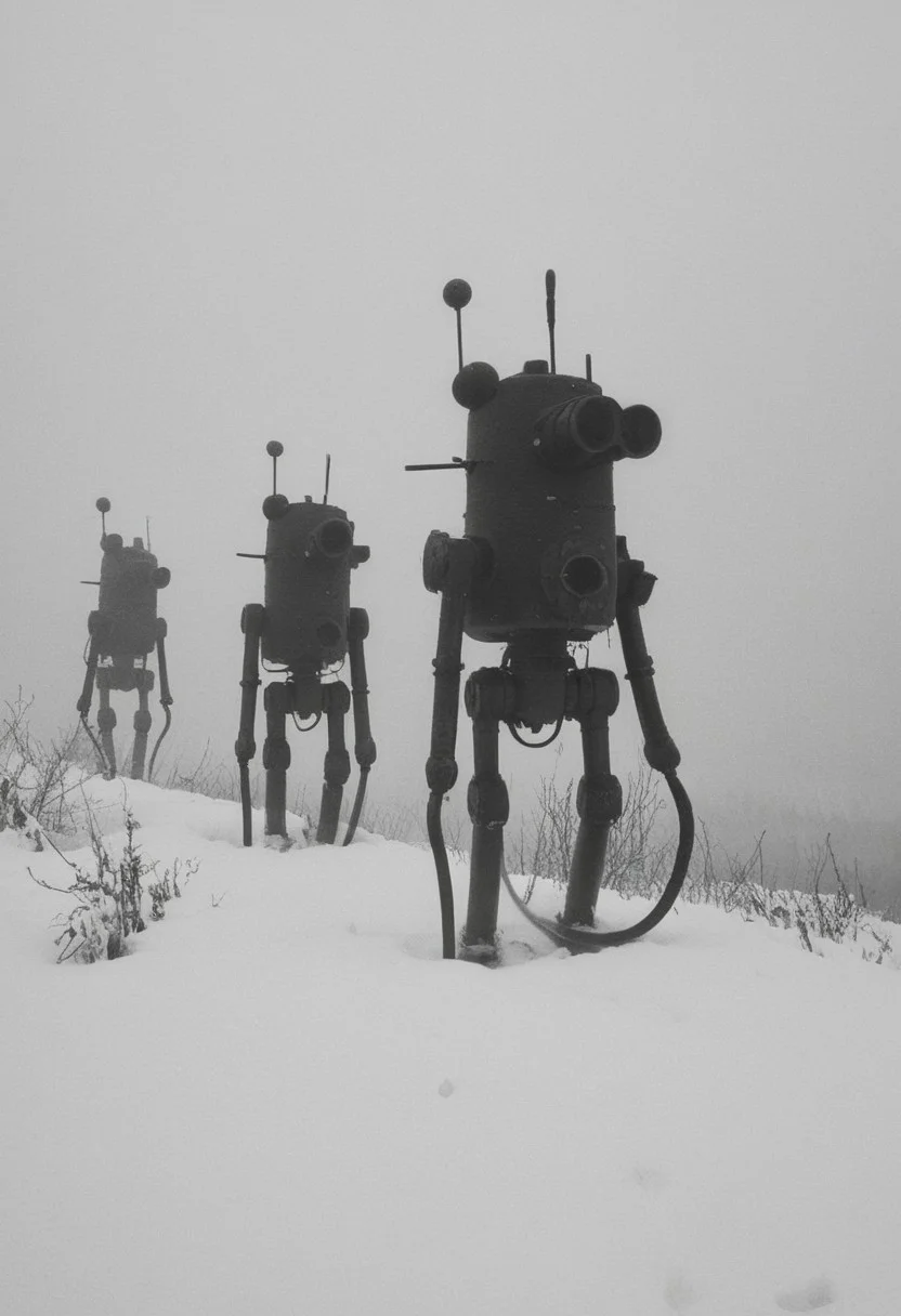 monochrome, photo, old photo,blurry, low quality,atmospheric, old photo defects, world war 1, steam punk technology, automatons, battlefield, hills, snow, winter, fires, artillery, Thick fog, strange shaped robots moving in the distance,multiple large robots, large automatons marching along, antenna, wires, consistent design,looking at viewer, scary, damaged robots, trench warfare, no mans land, large robots,(( art style of simon stalenhag))