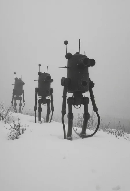 monochrome, photo, old photo,blurry, low quality,atmospheric, old photo defects, world war 1, steam punk technology, automatons, battlefield, hills, snow, winter, fires, artillery, Thick fog, strange shaped robots moving in the distance,multiple large robots, large automatons marching along, antenna, wires, consistent design,looking at viewer, scary, damaged robots, trench warfare, no mans land, large robots,(( art style of simon stalenhag))