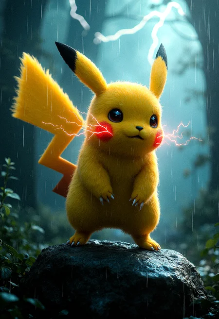 photorealistic Pikachu standing on a rock, electricity crackling from its cheeks, tail raised high, set against a dark and stormy sky, photorealistic rendering, ultra-high-definition textures, dynamic and dramatic lighting, intense and fierce expression, detailed fur with rain droplets, stormy atmosphere with heavy clouds, vibrant yellow fur contrasting with the dark surroundings, cinematic composition, glowing lightning bolts in the background, natural reflections and shadows, high contrast, intense energy, rain-soaked fur, high-detail raindrops, sharp focus
Time of Day: Early morning with soft sunlight filtering through trees.
Mood: Protective and watchful.
Aesthetic, Soft lighting, natural tones, peaceful atmosphere.
Pose, Standing on a tree branch, ears perked up, alert.
Additional detail, intricate details, sharp details,