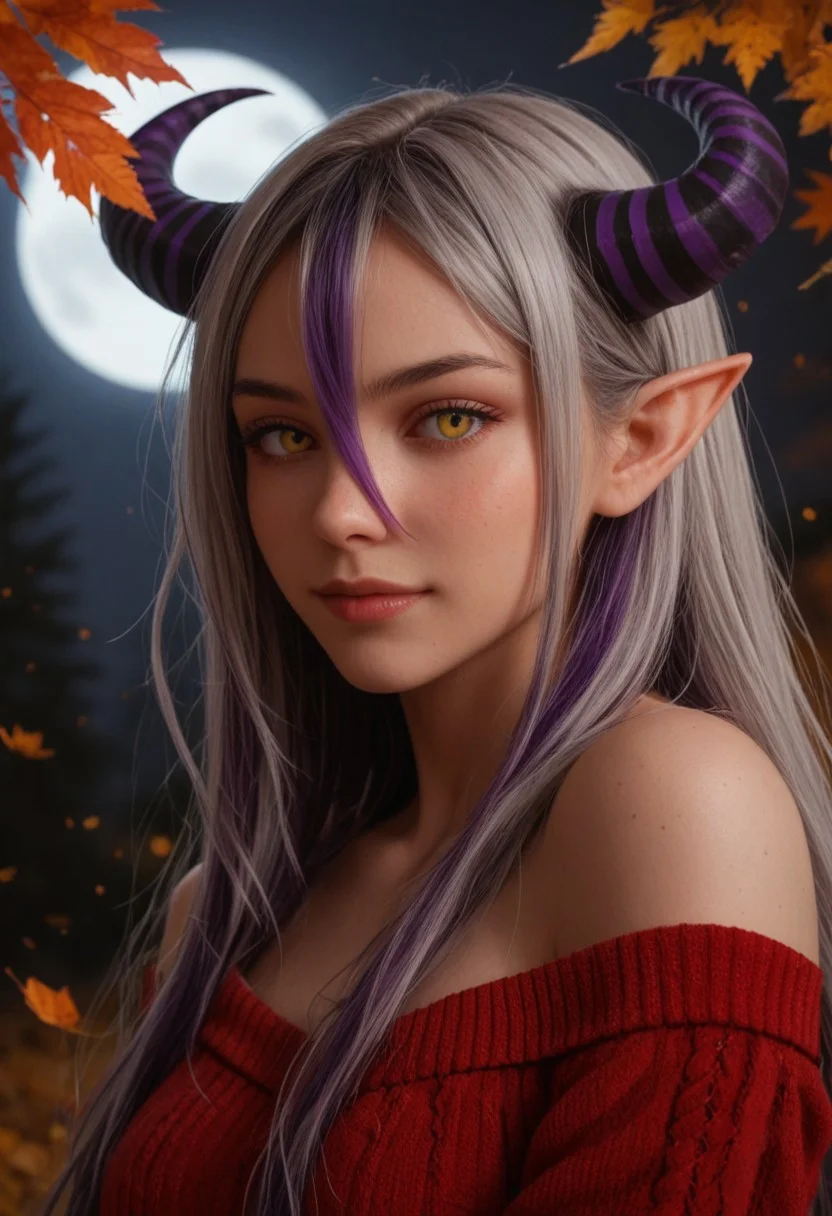 score_9, score_8_up, score_7_up, score_6_up, 
1girl, 25 years old, perfect face, looking at viewer, (close view), adult, sexy,
yellow eyes,
demon girl, demon horns, huge horns, striped horns, black horns, purple horns, pointy ears, 
multicolored hair, streaked hair, grey hair, purple hair, long hair, very long hair, hair between eyes, 
red sweater, bare shoulders, 
autumn, autumn leaves, night, full moon,
(blush), light smile, 
portrait, face focus, detailed face,