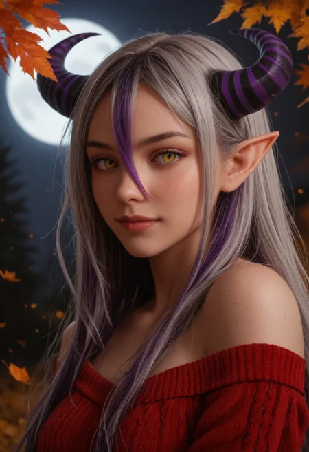 score_9, score_8_up, score_7_up, score_6_up,
1girl, 25 years old, perfect face, looking at viewer, (close view), adult, sexy,
yellow eyes,
demon girl, demon horns, huge horns, striped horns, black horns, purple horns, pointy ears,
multicolored hair, streaked hair, grey hair, purple hair, long hair, very long hair, hair between eyes,
red sweater, bare shoulders,
autumn, autumn leaves, night, full moon,
(blush), light smile,
portrait, face focus, detailed face,