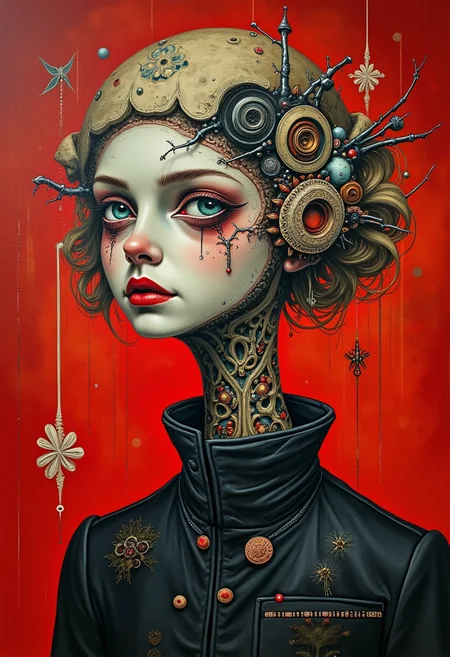 yfg-cehda A surreal painting of a Gothic girl with an elongated neck that stretches with an almost ethereal grace. Her captivating, deep-set eyes hold a mysterious allure, as if they contain hidden worlds. The artwork is infused with the whimsical and abstract essence of Joan Miró, blending fluid shapes and vibrant colors that contrast with her dark, Gothic attire. The backdrop is a luxurious, velvety red, enveloping the scene in an atmosphere of both warmth and intrigue, accentuating the girl's enigmatic presence.
