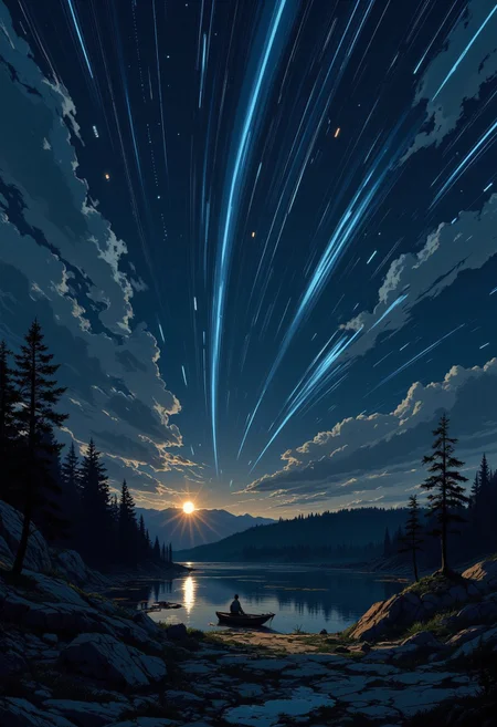 A digital anime artwork in the style of cklg, A tranquil night under a vast, star-filled sky, where a dazzling meteor shower streaks across the heavens, illuminating the darkness with radiant trails of light. The scene unfolds above a serene lake surrounded by dense forest, its still waters reflecting the cosmic display like a natural mirror. A solitary, small boat, casting a soft golden hue that contrasts with the cool blues and silvers of the celestial light. In the foreground, a rugged stone outcropping serves as a natural platform, with a lone figure seated in awe, silhouetted against the ethereal glow. The perspective captures the grandeur of the night sky, with a wide-angle framing that emphasizes the vastness of the cosmos and a profound sense of depth.