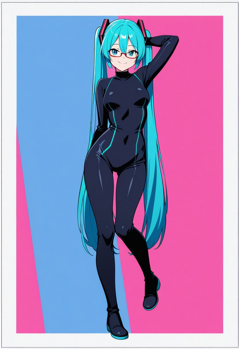 Score 9, Score 8, Score 7, Masterpiece, High Quality, Good Quality, Latest Model, High Resolution, Absurd, ((White Border)), Cinematic Lighting, High Contrast (Edge Light: 0.6), Dynamic Vision, <lora:illustriousXL_stabilizer_v1.23:0.3> <lora:NOOB_vp1_detailer_by_volnovik_v1:0.3> <lora:ponyv6_noobE11_2_adamW-000017:0.45> <lora:checkpoint-e18_s306:1.5> <lora:haiz_ai_illu:0.7>, Vibrant Colors, Bright Color, Dynamic Colors, Colorful Image, High Contrast, Saturated Colors, Thick Line, Bright Colors, Good Lighting, Color Saturation, Masterpiece, Best Quality, source_hentai, 
Medium close-up,solo,1girl,
1 girl, hatsune_miku_illustrious, female body, adult body,full body,
Simple background, cyber background,
dressed in a cyber jumpsuit, black bodysuit with green and blue trim, futuristic glasses,
standing, dancing subtly, smiling,