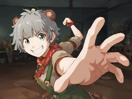1girl, solo, high quality, score_9_up, score_8_up, score_7_up, <lora:Smoother_Anime_Screencap_Art_Style_Pony_LORA:1> <lora:pnpk_A02:1> smile <lora:PepePunchMeme_XLPD:1> incrspunchmeme, throwing punch