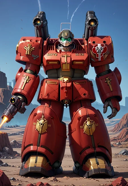 score_9, score_8_up, score_7_up, source_anime, front view, BREAK,  ( guncannon_mass_production_type, riverside, looking at viewer,) 1mech, red mech, red armor, metallic armor, wasteland, haze, shoulder cannons deployed, mech focus, solo, BREAK, two arms, GreyK40k, gold trim, gold decorations on armor,