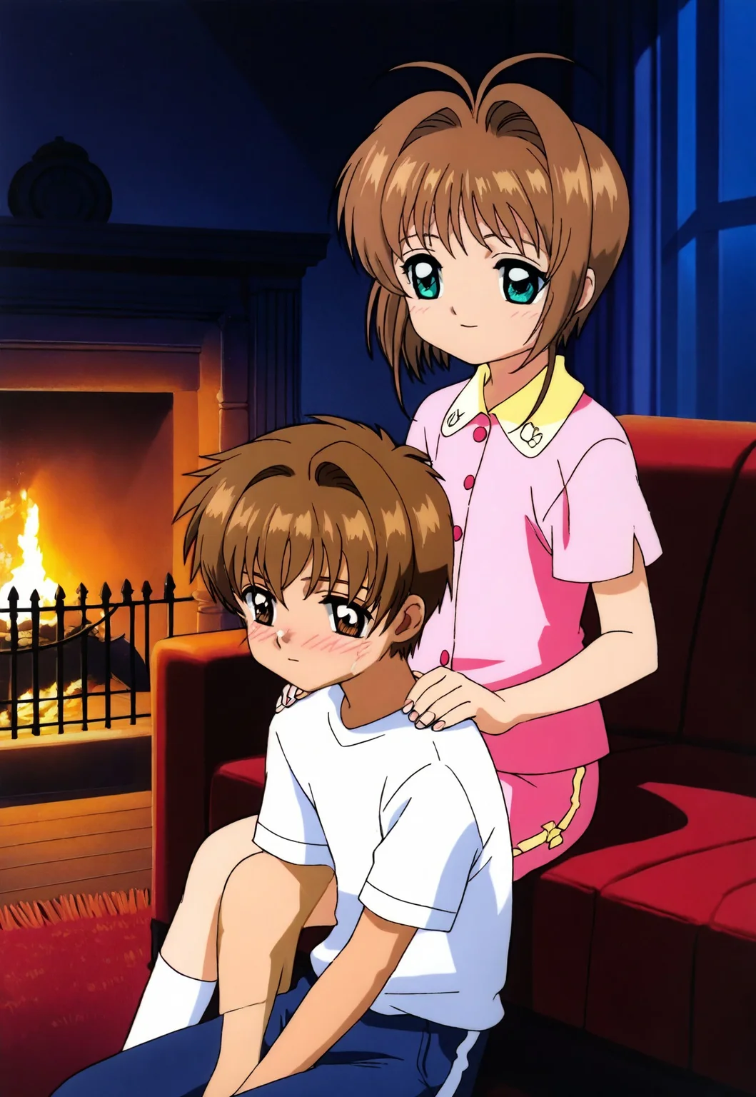 safe_pos, on-model, accurate art style, anime screencap, anime coloring, show accurate, cartoon screencap, movie accurate, official screencap, style parody, flat colors, official art, proper proportions, extremely detailed, newest, 2024, BREAK, 1girl, mature girl, CCS_Sakura, kinomoto sakura \(cardcaptor sakura)\, brown hair, short hair, bangs, antenna hair, hair intakes, green eyes, pink shirt, short-sleeved t-shirt, tan shorts, white socks, sitting on the couch, warm smile, blush, 1boy, mature boy, li syaoran, brown hair, brown eyes, short hair, blue jacket, dark blue jeans, resting on shoulder, blush, warm smile, sitting on the couch, BREAK, detailed background, indoors, living room, fireplace, nighttime, BREAK, upper body, cowboy shot, BREAK, vibrant colors, cinematic lighting, 75% soft lighting, 25% dark lighting, rating_explicit, uncensored