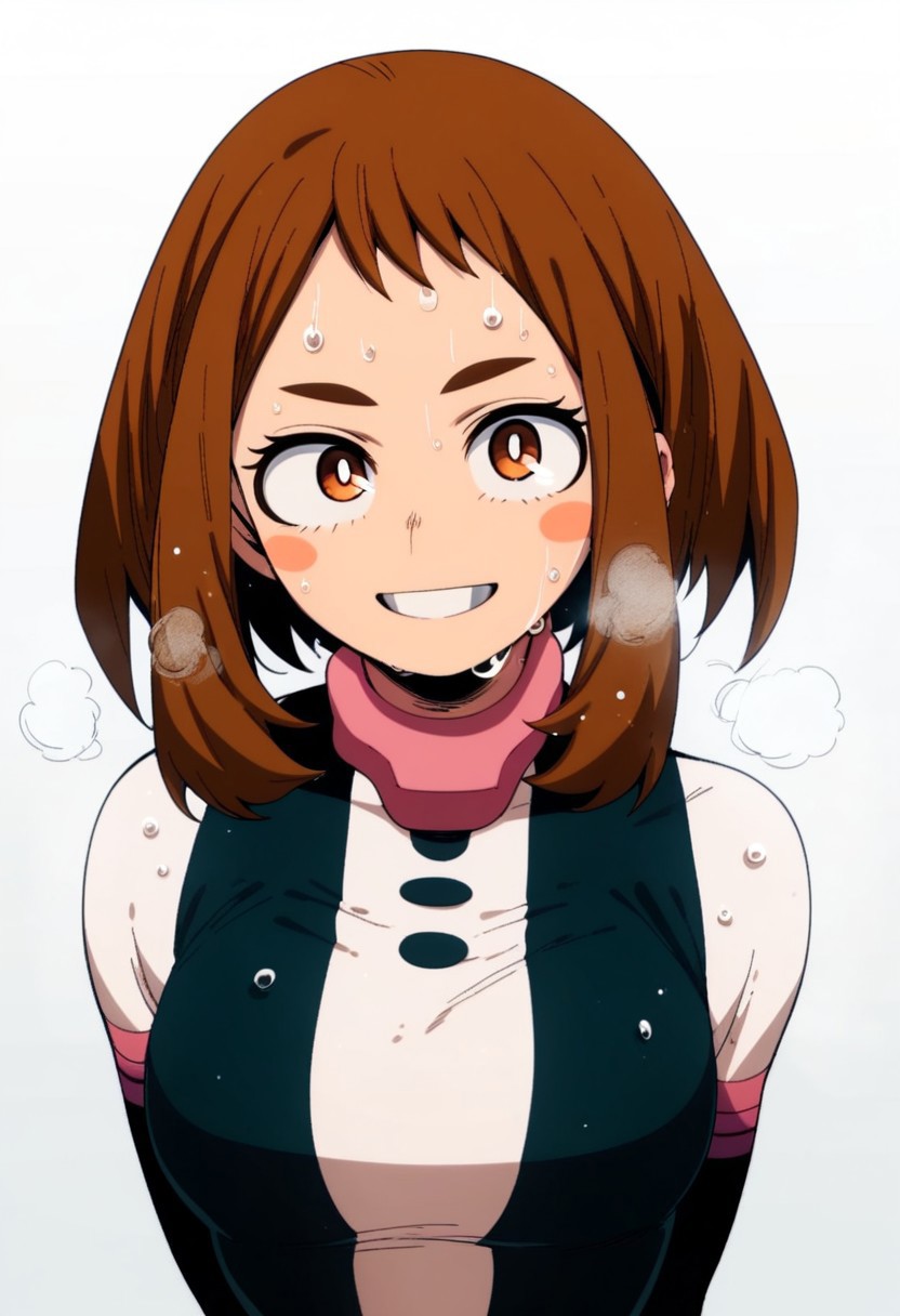 flatshinyskin, score_9, score_8_up, score_7_up , 1girl, 1girl, mosaic censoring, smile, slight seductive pose,, medium breasts, sweating, breasts,, long skirt, 1girl, solo focus, Upper body, hands behind back,  wet, sweaty, sweating, steam
ochako_uraraka, 1girl, score_9, score_8_up, score_7_up, brown hair, brown eyes, white pupil, blush stickers, bodysuit, simple background, solo focus, perfect body, curvey, thick waist, thick body, skin tight dress, , front view, front focus, looking at viewer, seductive expression, smile, teeth,  ANIMESTYLE
 adult, oval face shape, long forehead bangs, milf, ADULT, long forehead bangs, bangs over eye,