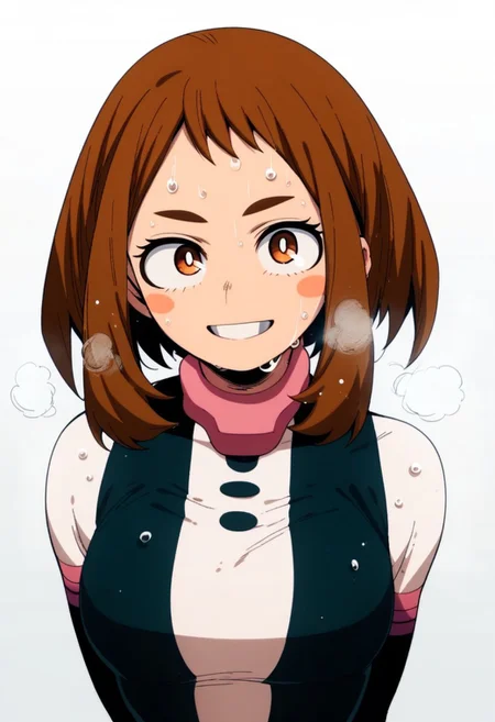 flatshinyskin, score_9, score_8_up, score_7_up , 1girl, 1girl, mosaic censoring, smile, slight seductive pose,, medium breasts, sweating, breasts,, long skirt, 1girl, solo focus, Upper body, hands behind back, wet, sweaty, sweating, steam
ochako_uraraka, 1girl, score_9, score_8_up, score_7_up, brown hair, brown eyes, white pupil, blush stickers, bodysuit, simple background, solo focus, perfect body, curvey, thick waist, thick body, skin tight dress, , front view, front focus, looking at viewer, seductive expression, smile, teeth, ANIMESTYLE
adult, oval face shape, long forehead bangs, milf, ADULT, long forehead bangs, bangs over eye,