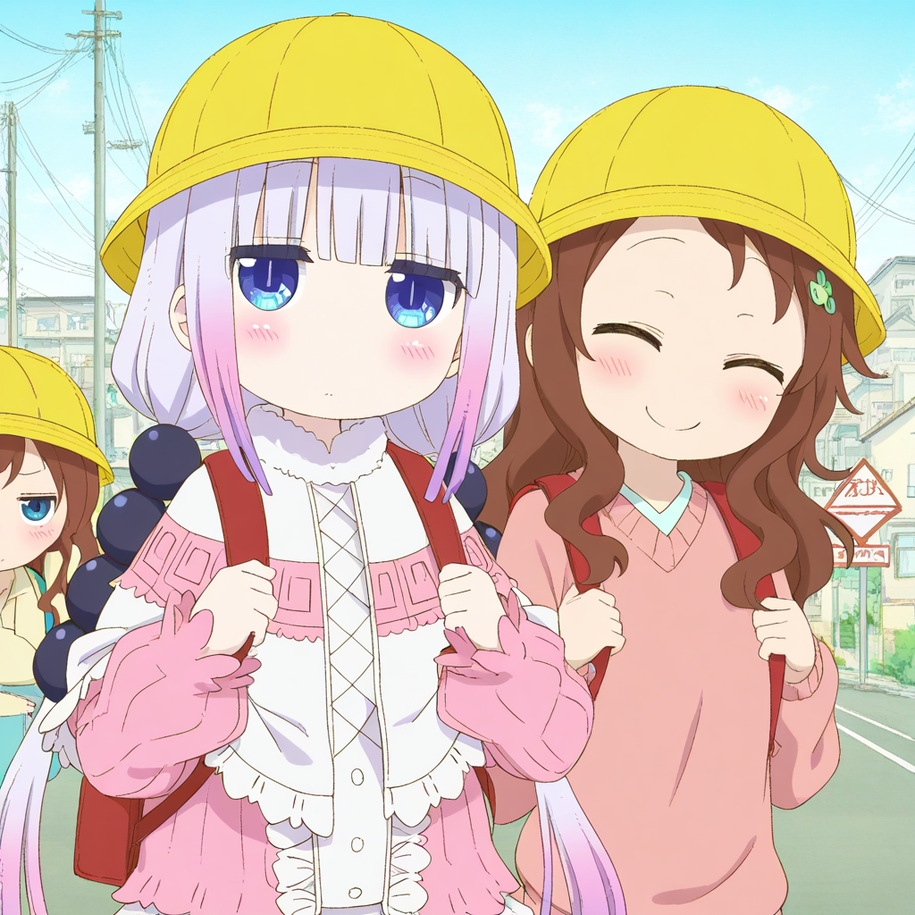 masterpiece, best qualify, zzKannaKamui, RikoSaikawa, multiple girls, 2girls, brown hair, hair ornament, hat, school hat, closed eyes, backpack, light purple hair, blue eyes, bag, long hair, hair beads, holding strap, outdoors, bangs, twintails, blunt bangs, female child, child, randoseru, blush, beads, day, sign, smile, low twintails, multicolored hair, gradient hair, yellow headwear, hairband, upper body, long sleeves, sky, sweater, utility pole, closed mouth, jitome, capelet, building, shirt, looking at viewer, road, house, power lines