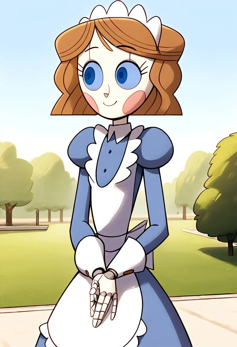 1girl, score_9, score_8_up, score_7_up, Emmy, Brown Hair, Blue Eyes, Maid Headdress, Apron, Maid Uniform, Short Hair, Long Sleeves, Juliet Sleeves, Blush Stickers, Android, Joints, outdoors, park, smile, cute, wholesome, detailed, masterpiece, perfect hands