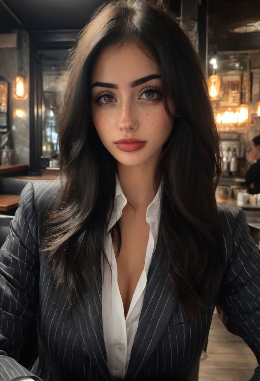 28yo busty girl xxsxx (Long hair, black hair, ahoge, big breasts) wearing (striped business suit), sit in restaurant