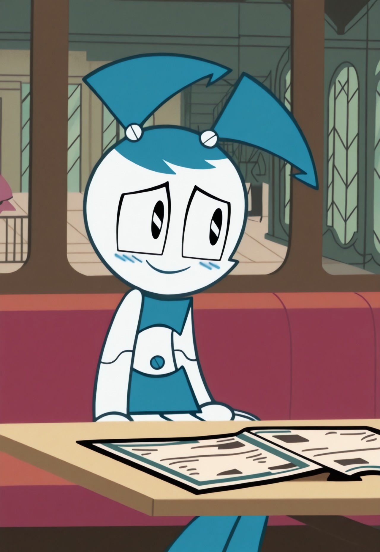 on-model, accurate art style, anime screencap, anime coloring, show accurate, cartoon screencap, movie accurate, official screencap, style parody, flat colors, official art, proper proportions, extremely detailed, newest, 2024, BREAK, 1girl, jenny wakeman, xj9, robot, joints, android, robot joints, white skin, blue hair, black eyes, tank top, skirt, twintails, sitting in a restaurant booth, looking at side, blush, shy smile, BREAK, detailed background, indoors, restaurant, table, booth, menu on the table, window, sidewalk, buildings, midday, BREAK, cowboy shot, BREAK, vibrant colors, cinematic lighting, 75% soft lighting, 25% dark lighting
