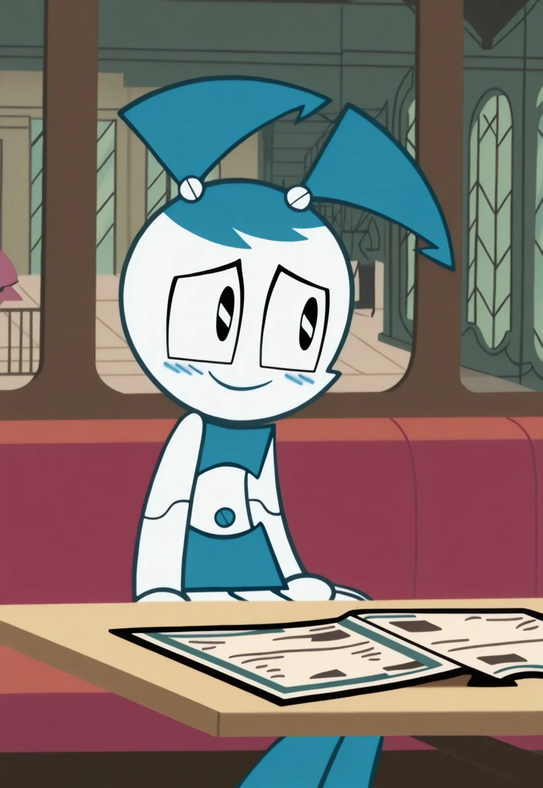 on-model, accurate art style, anime screencap, anime coloring, show accurate, cartoon screencap, movie accurate, official screencap, style parody, flat colors, official art, proper proportions, extremely detailed, newest, 2024, BREAK, 1girl, jenny wakeman, xj9, robot, joints, android, robot joints, white skin, blue hair, black eyes, tank top, skirt, twintails, sitting in a restaurant booth, looking at side, blush, shy smile, BREAK, detailed background, indoors, restaurant, table, booth, menu on the table, window, sidewalk, buildings, midday, BREAK, cowboy shot, BREAK, vibrant colors, cinematic lighting, 75% soft lighting, 25% dark lighting