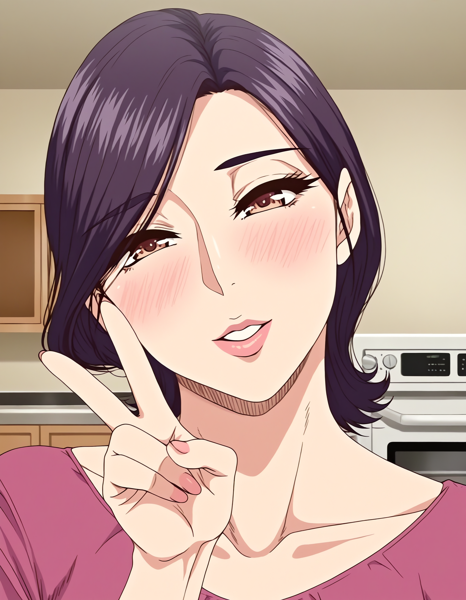 masterpiece, good quality, best quality, absurdres, highres, very awa, shadow,
minako, standing, portrait, V, 
1girl, mature female, solo,
looking at viewer, blush, parted lips, light smile,
short hair, brown eyes, lips, parted lips, head tilt, 
housewife, purple shirt,
indoors, room, kitchen,
<lora:Minako 3216 NoobAI-XL V-pred:1>