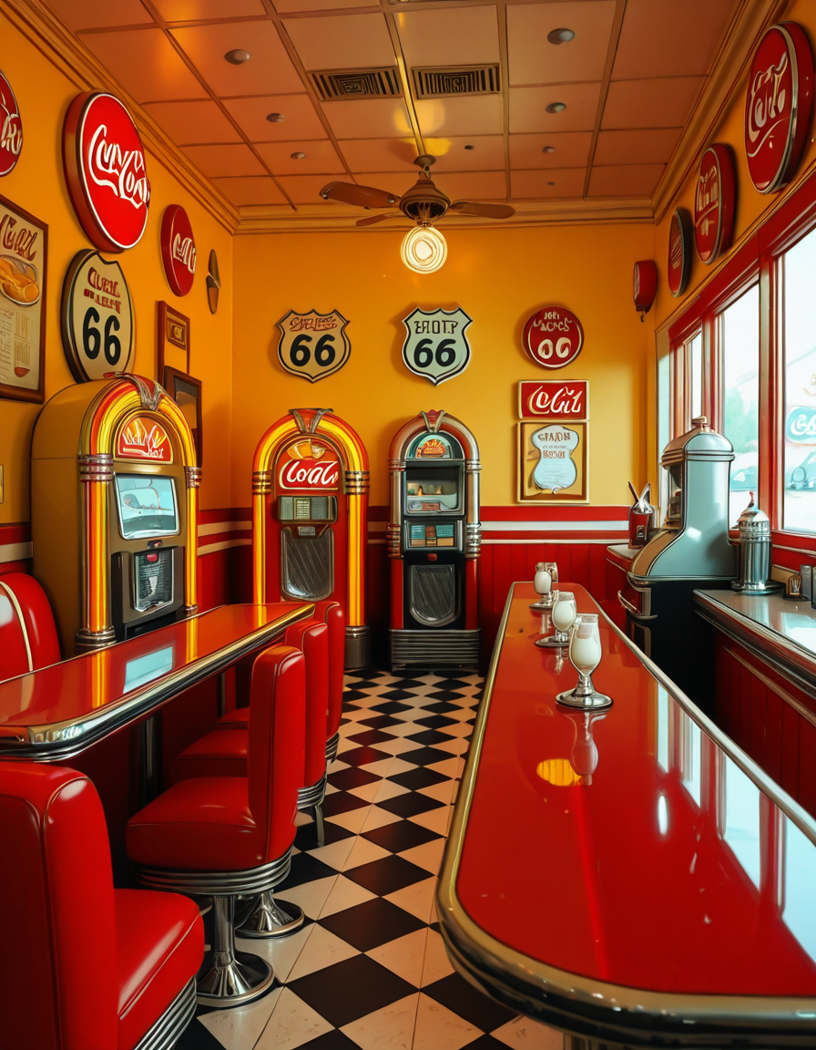 A classic 1950s American diner with a nostalgic retro atmosphere. The interior features red and white leather booth seating, chrome-trimmed tables, and a long counter with matching red barstools. A vintage jukebox with colorful neon lights stands against the wall, ready to play rock 'n' roll hits. The checkered black-and-white floor contrasts with pastel-colored walls adorned with Coca-Cola signs, Route 66 memorabilia, and classic diner menus. A row of shiny chrome napkin dispensers and glass salt and pepper shakers sit neatly on the tables. A milkshake machine and an old-fashioned soda fountain rest behind the counter, next to a vintage cash register. Large windows let in soft daylight, reflecting off the gleaming surfaces, creating a warm and inviting retro ambiance.
<lora:SDXLFaeTastic2400:0.4> <lora:extremely_detailed:0.4> extremely detailed,1950s American d1n3r, <lora:1950s_American_d1n3r-i:1>, Masterpiece,best quality,hi res,8k,hi res,8k,award winning,(sharp focus, intricate, highly detailed),
