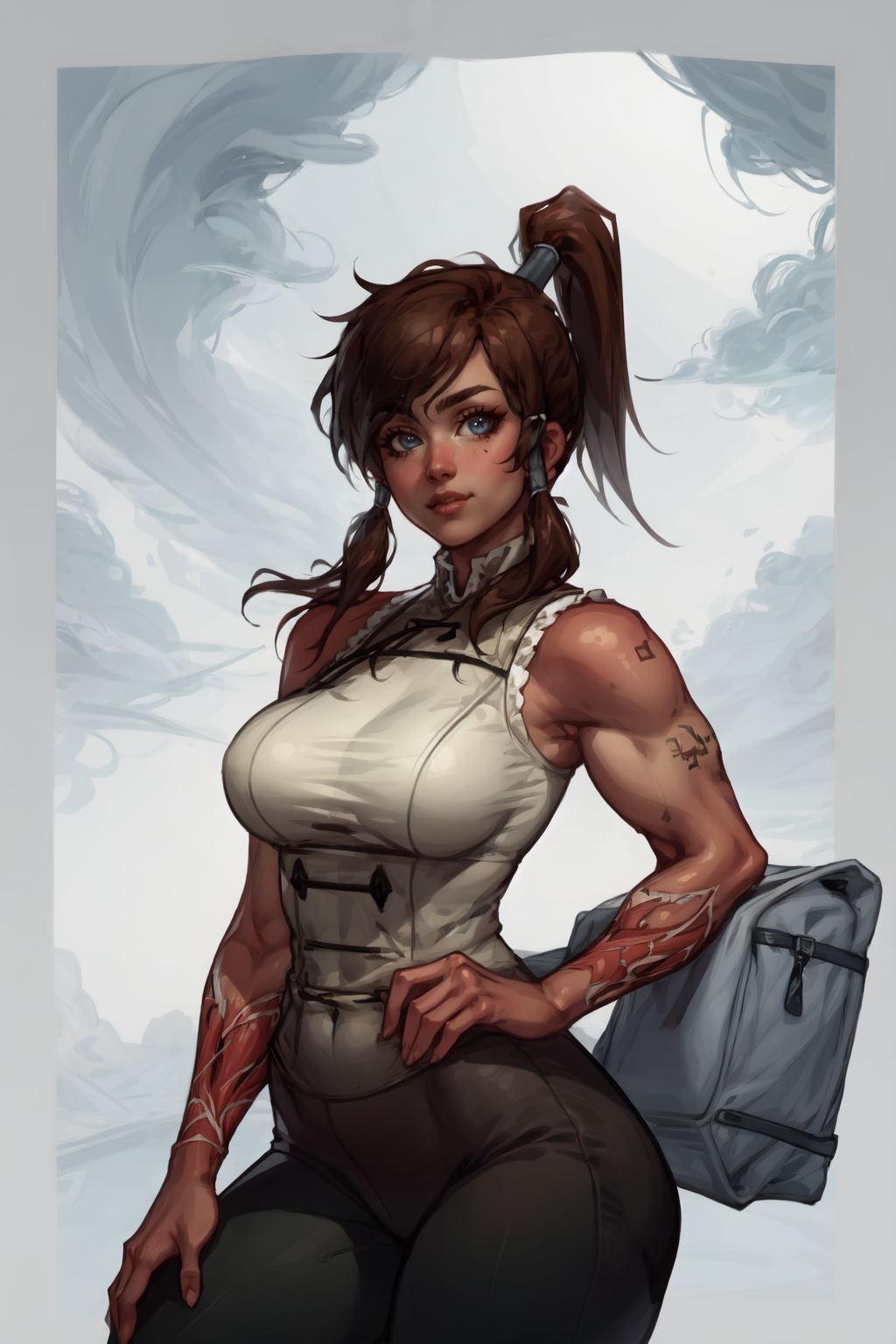1girl, (solo:1.2), (cowboy shot:1.2), (looking at viewer:1.3),
<lora:Korra [justTNP - v1.0]:1> korra, dark skin, (dark-skinned female:1.2), pants, ponytail, hair tubes, sleeveless, bare shoulders, brown hair, blue eyes, toned, (muscular female), (large breasts:1.2), curvy
BREAK <lora:SashaKHMEL [MockAi - v1.0]:0.85> sashakhmel, soft shading, painterly style, vivid, noise image, bouncing light
BREAK intricate details, (masterpiece:1.3), (best quality:1.3), (perfect anatomy:1.4) BREAK, (beautiful white clouds:1.3), puffy clouds, white sky